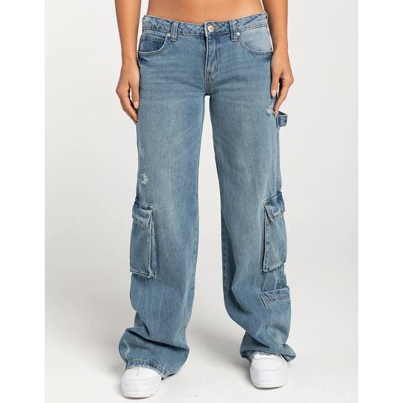 Gemma Rae Women's Low Rise Cargo Wide Leg Retro Utility Flap Pockets Distressed - Picture 1 of 11
